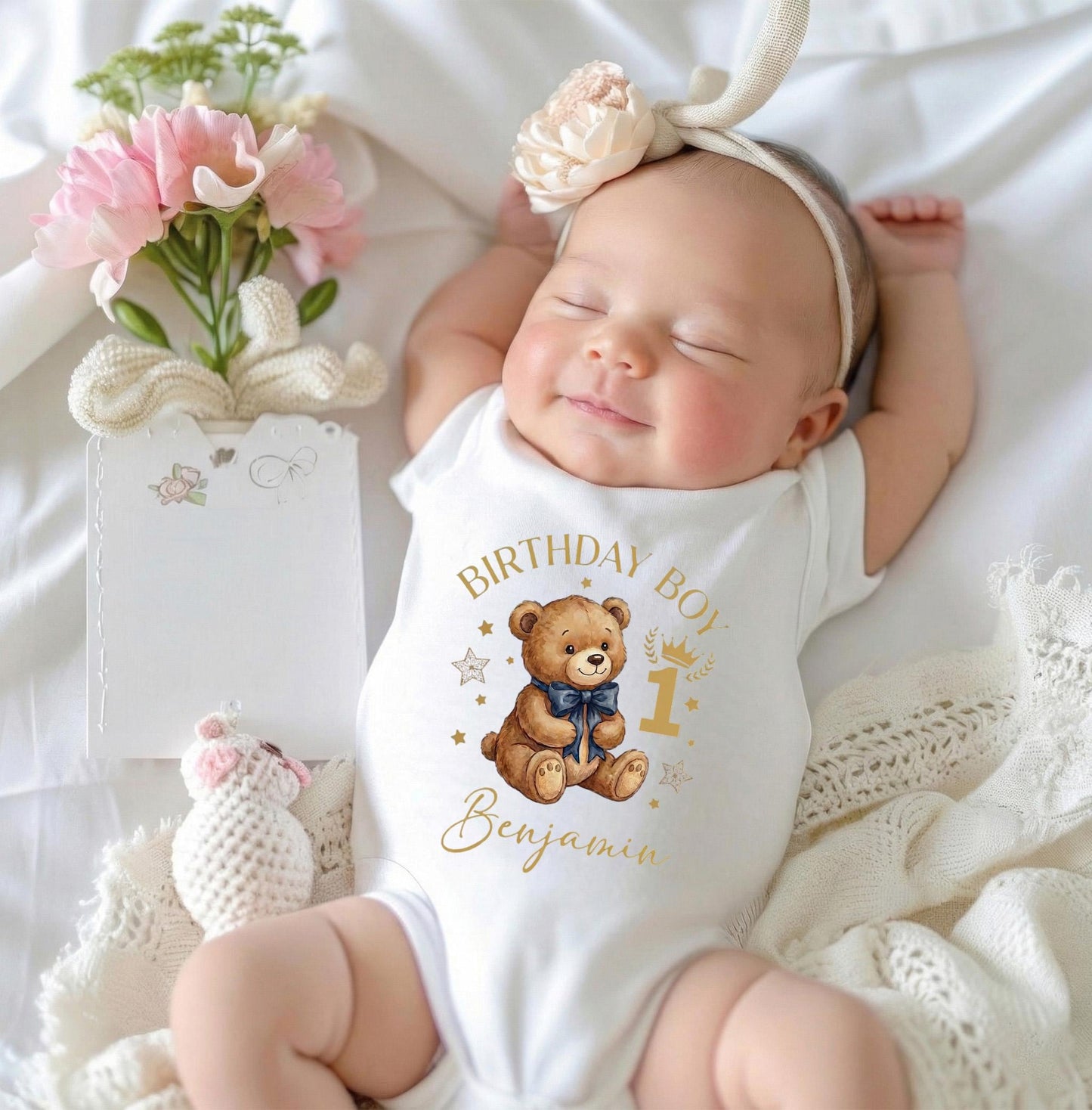 Custom First Birthday Boy Shirt Navy Teddy Bear Watercolor Personalized Toddler Tee [Kelly Green/Forest]