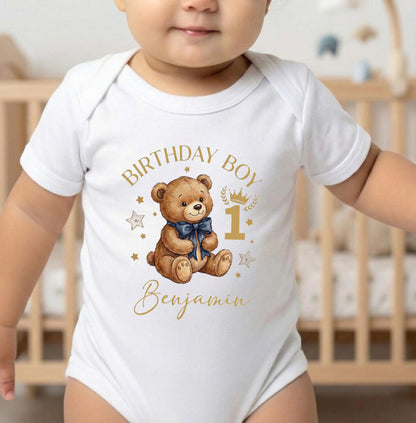 Custom First Birthday Boy Shirt Navy Teddy Bear Watercolor Personalized Toddler Tee [Kelly Green/Forest]