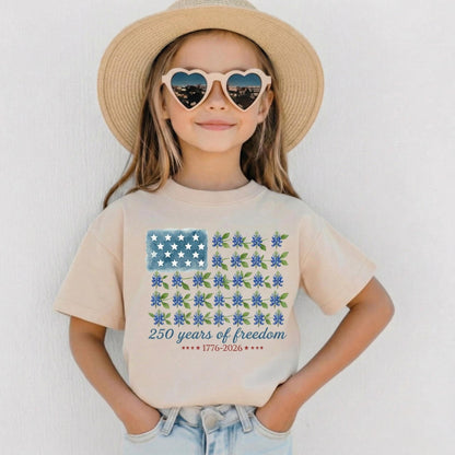 250th Anniversary USA Kids Shirt, Semiquincentennial Bluebonnet Texas Flag Tee [Red/Natural]