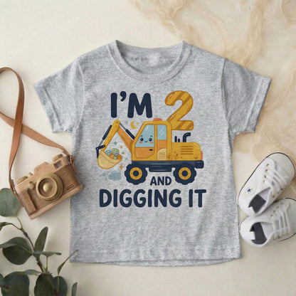 Natural 2nd Birthday Excavator Toddler Shirt, Cotton Construction Tee, Digging It Design [Kelly Green/Forest]