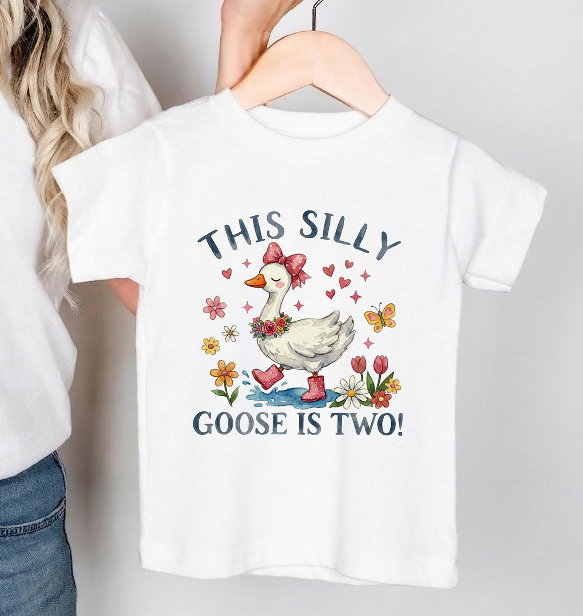 Silly Goose 2nd Birthday Girl Shirt, Pink Bow Watercolor Goose Toddler Tee [Kelly Green/Forest]