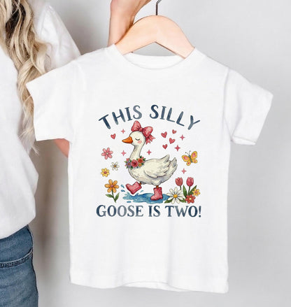Silly Goose 2nd Birthday Girl Shirt, Pink Bow Watercolor Goose Toddler Tee [Kelly Green/Forest]