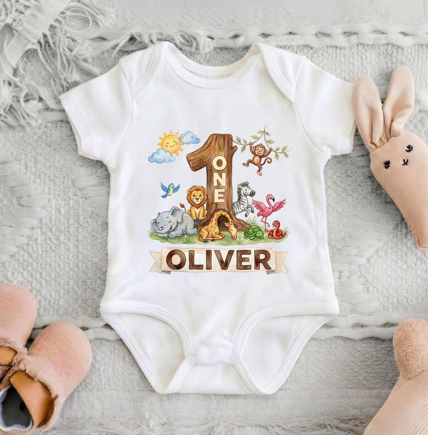 Wild One First Birthday Bodysuit Personalized Safari Animal Watercolor Infant Outfit Custom Name [Kelly Green/Forest]