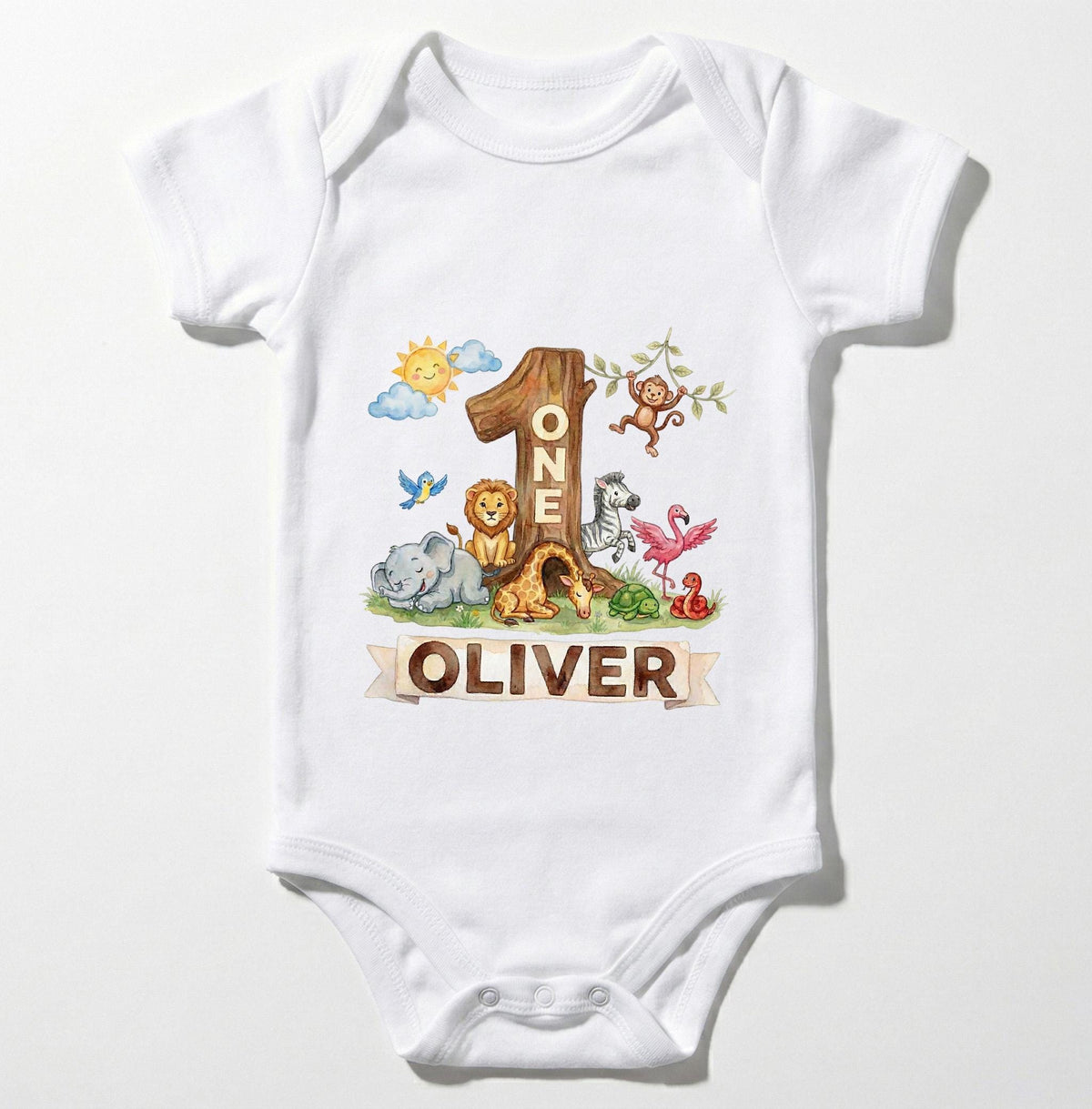 Wild One First Birthday Bodysuit Personalized Safari Animal Watercolor Infant Outfit Custom Name [Red/Natural]