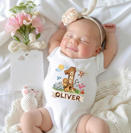Wild One First Birthday Bodysuit Personalized Safari Animal Watercolor Infant Outfit Custom Name [Red/Natural]