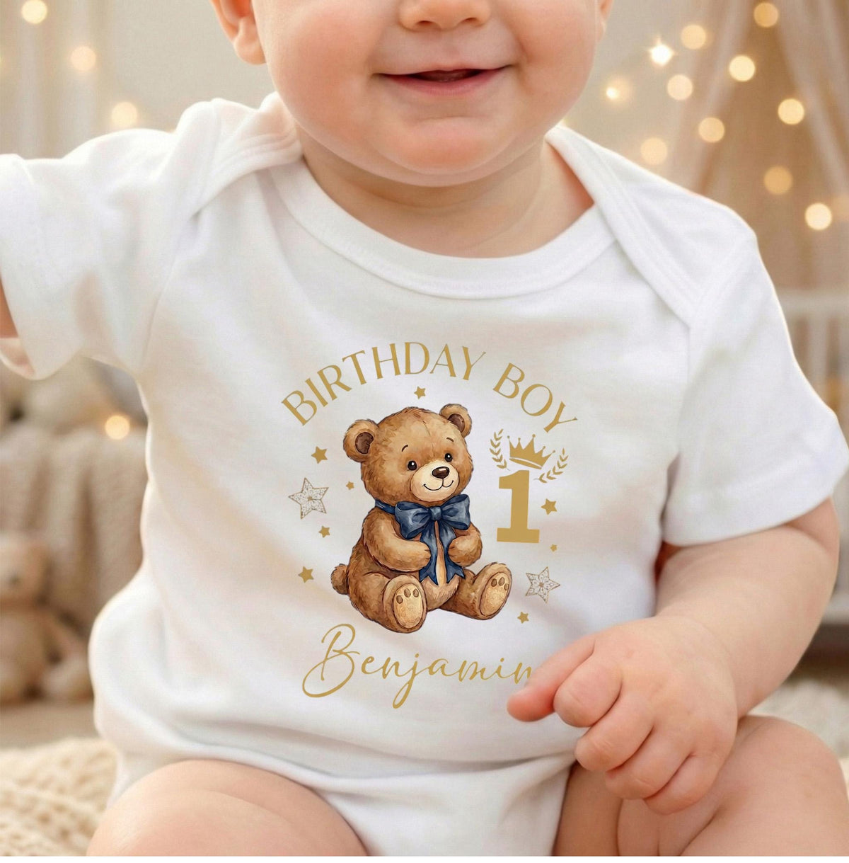 Custom First Birthday Boy Shirt Navy Teddy Bear Watercolor Personalized Toddler Tee [Irish Green/Carolina Blue]